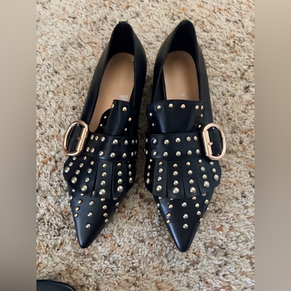 None Shoes - Black Studded Leather Pointed Toe Ballet Flats Size 37